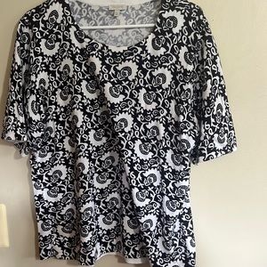 Talbots Womens Top XL Black White Floral 100% cotton